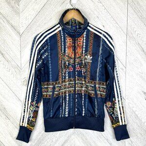 adidas Navy Blue Floral Print Bomber Jacket with White Stripes